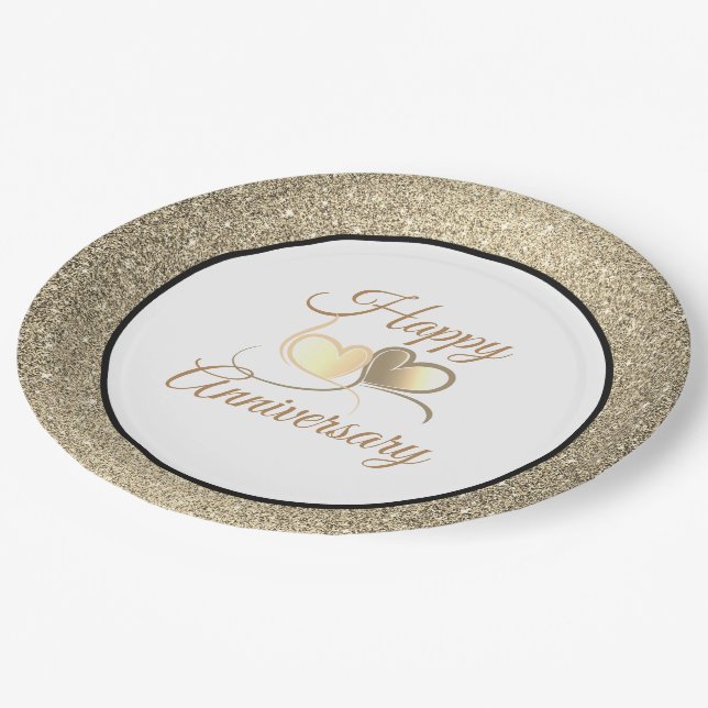 Happy Anniversary Gold Glitzer 9" Paper Teller (Schrägansicht)