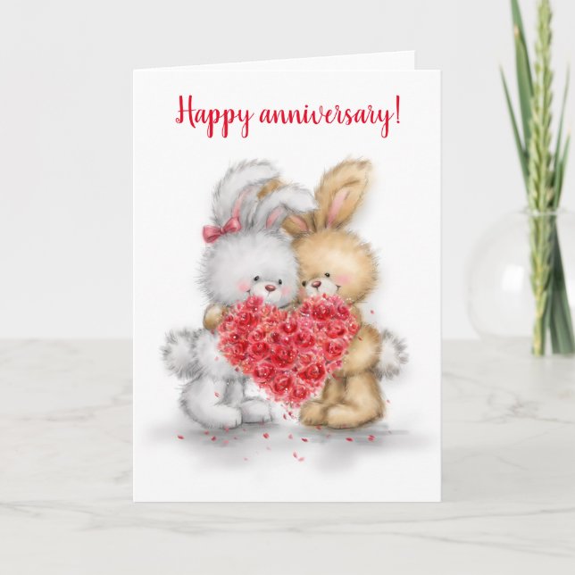 Happy Anniversary, Kaninchenpaar mit Herz Karte (Vorderseite)