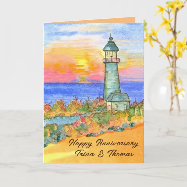 Happy Anniversary Lighthouse Sunset Personalisiert Karte (Gelbe Blume)