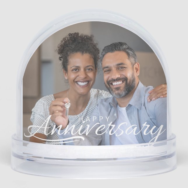 Happy Anniversary Modern Script Personalized Photo Schneekugeln (Vorderseite)