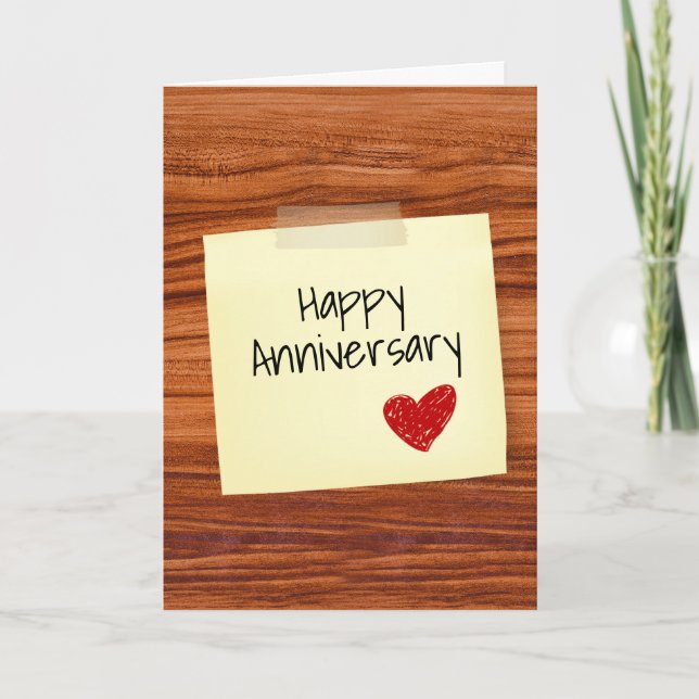 Happy Anniversary Note on Wood Feiertagskarte (Vorderseite)