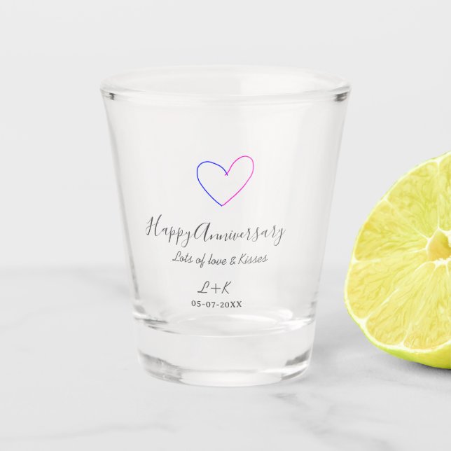Happy anniversary pink blue heart name date simple schnapsglas (Vorderseite)