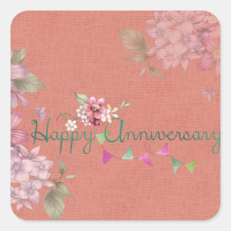 Happy Anniversary Pink Floral Quadratischer Aufkleber