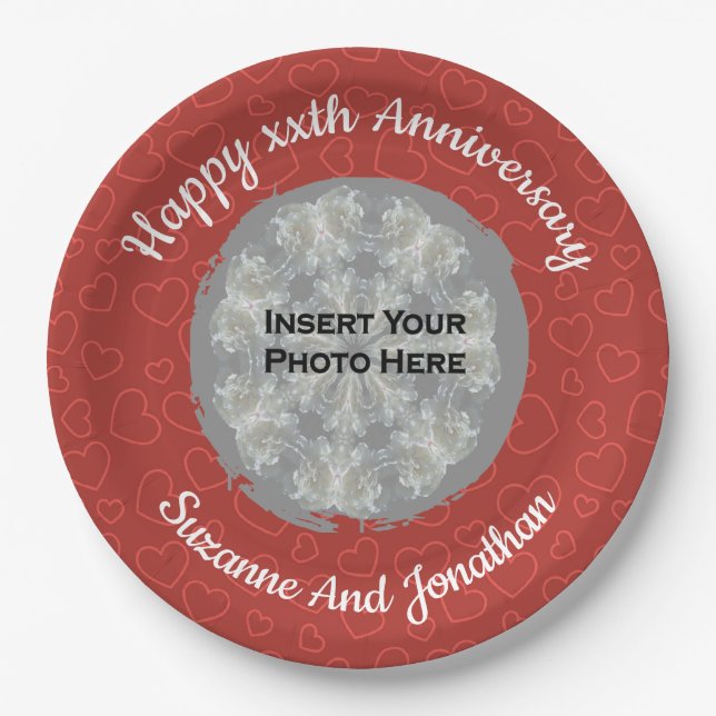 Happy Anniversary Red Hearts Personalisiertes Foto Pappteller (Vorderseite)