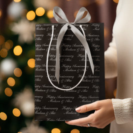 Happy Anniversary Script with Name Black Silver Mittlere Geschenktüte