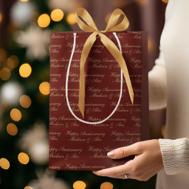 Happy Anniversary Script with Name Burgundy Gold Mittlere Geschenktüte