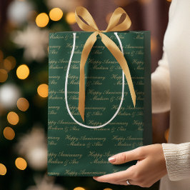Happy Anniversary Script with Name Green Gold Mittlere Geschenktüte