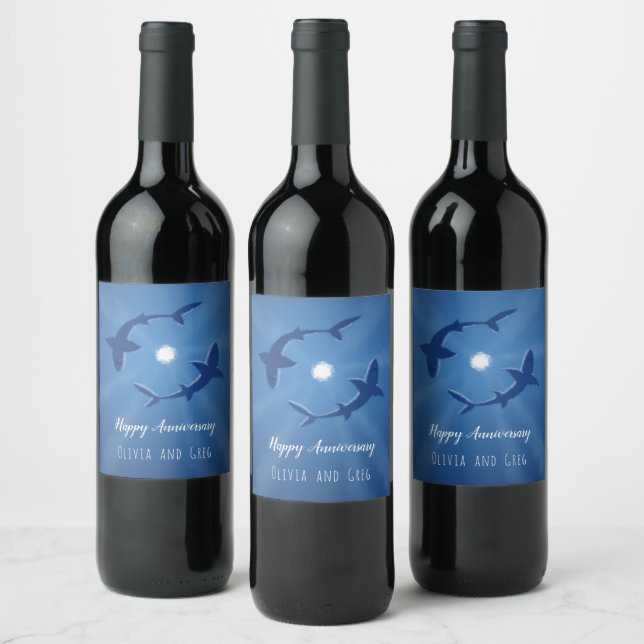 Happy Anniversary Sharks Couple Silver Moon Weinetikett (Flaschen)