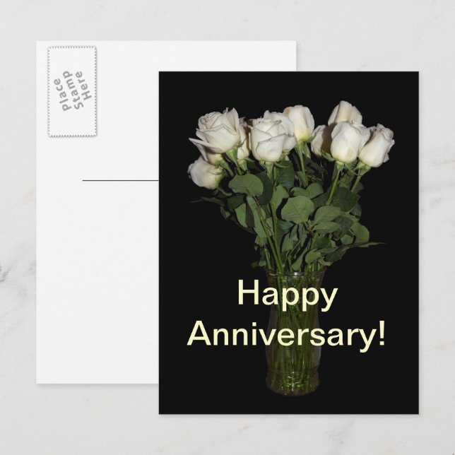 Happy Anniversary White Roses Blumenfotografie Postkarte (Vorne/Hinten)
