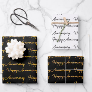 Happy AnniversaryGold Black Text Pattern Geschenkpapier Set