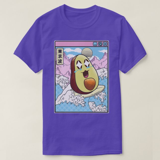 Happy Avocado Surfing Japanes Waves Kawaii Anime V T-Shirt (Design vorne)