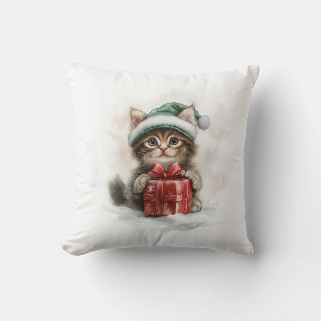 Happy Baby Cat - Maine Coon Kitten in Green Hat Kissen (Vorderseite)