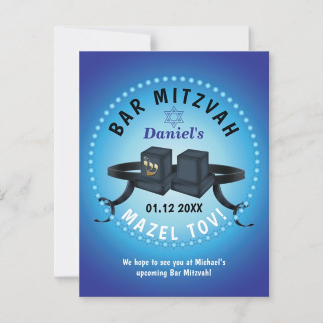 Happy Bar Mitzvah 20XX Blue Decorative RSVP Karte (Vorderseite)