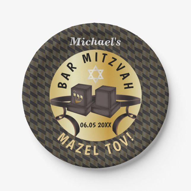 Happy Bar Mitzvah 20XX Gold Decorative Pappteller (Vorderseite)