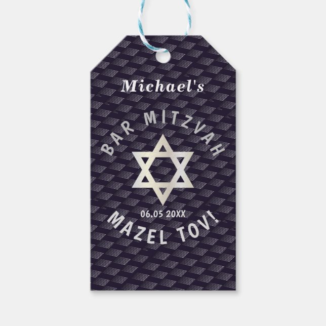 Happy Bar Mitzvah 20XX navy blaue Stilmuster Geschenkanhänger (Vorderseite)