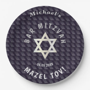 Happy Bar Mitzvah 20XX navy blaue Stilmuster Pappteller