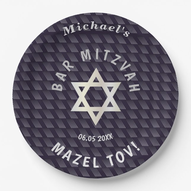 Happy Bar Mitzvah 20XX navy blaue Stilmuster Pappteller (Vorderseite)