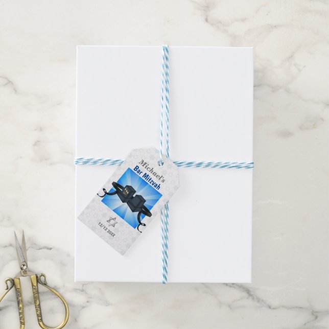 Happy Bar Mitzvah 20XX Tefillin Blue Geschenkanhänger (Mit Garn)