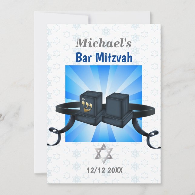 Happy Bar Mitzvah 20XX Tefillin Blue Invitation (Devant)