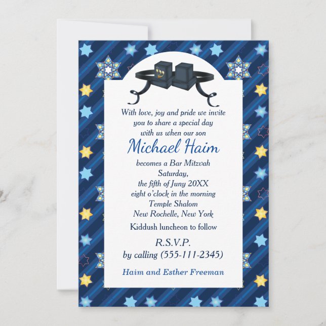 Happy Bar Mitzvah 20XX Tefillin Blue Star Moderne Einladung (Vorderseite)