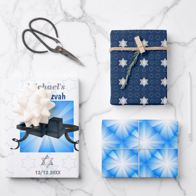 Happy Bar Mitzvah 20XX Tefillin Moderne personalis Geschenkpapier Set (Vorderseite)