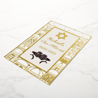 Happy Bar Mitzvah Jerusalem Kotel Tefillin Gold  Folieneinladung