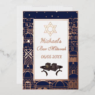 Happy Bar Mitzvah Jerusalem Kotel Tefillin Gold  Folieneinladung