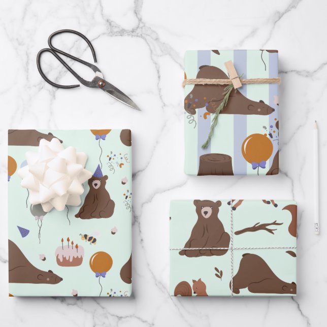 Happy Bear-thday Woodland Bär Geburtstag Geschenkpapier Set (Vorderseite)