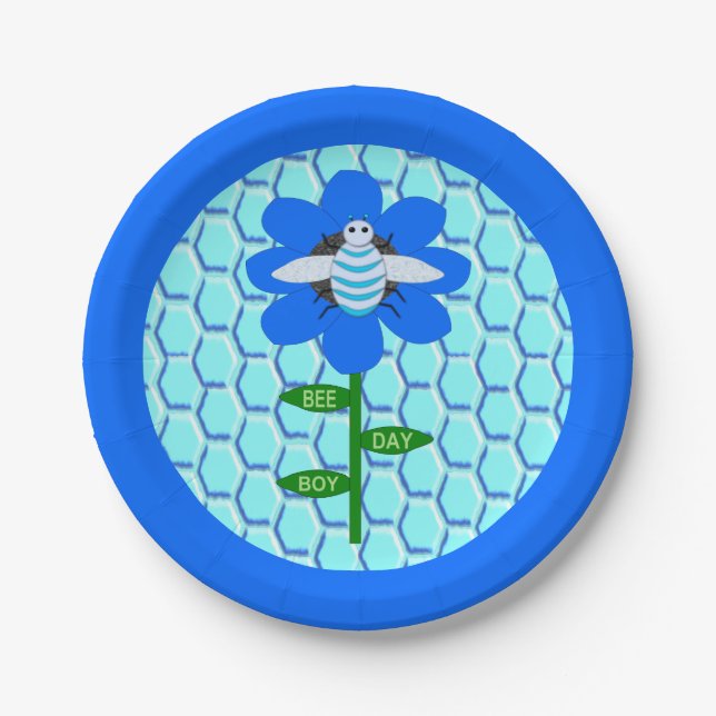 Happy Bee Day Boy Blue Birthday Bumblebee Pappteller (Vorderseite)