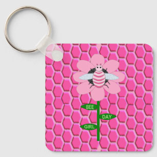 Happy Bee Day Girl Pink Birthday Bumblebee Keychai Schlüsselanhänger