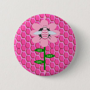 Happy Bee Day Girl Pink Birthday Hummel Button
