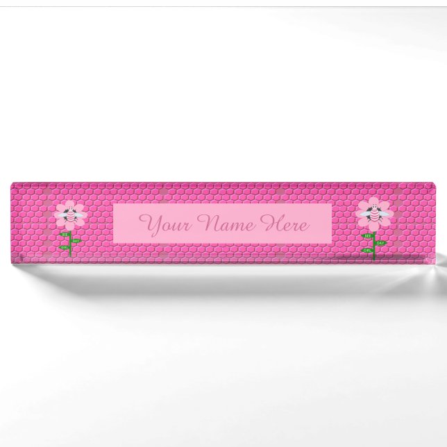 Happy Bee Day Girl Pink Birthday Hummel Namensplakette (Vorderseite)