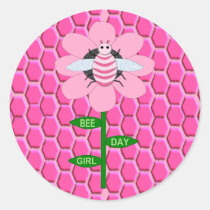 Happy Bee Day Girl Pink Birthday Hummel Runder Aufkleber