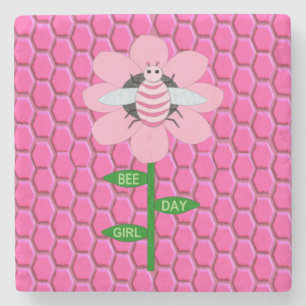 Happy Bee Day Girl Pink Birthday Hummel Steinuntersetzer