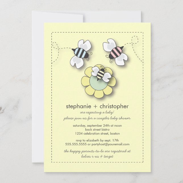 Happy Bee Family Paare Neutral Baby Dusche Einladung (Vorderseite)