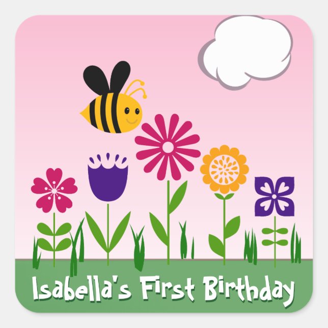Happy Bee Flower Garden Personalisiert Quadratischer Aufkleber (Vorderseite)