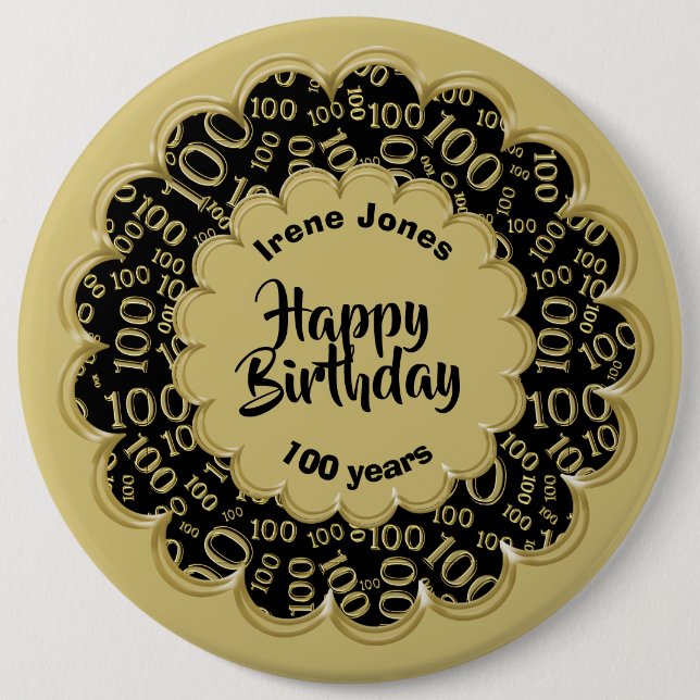 Happy Birthday, 100. Gold/Black Number Pattern Button (Vorderseite)