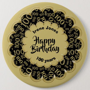 Happy Birthday, 100. Gold/Black Number Pattern Button