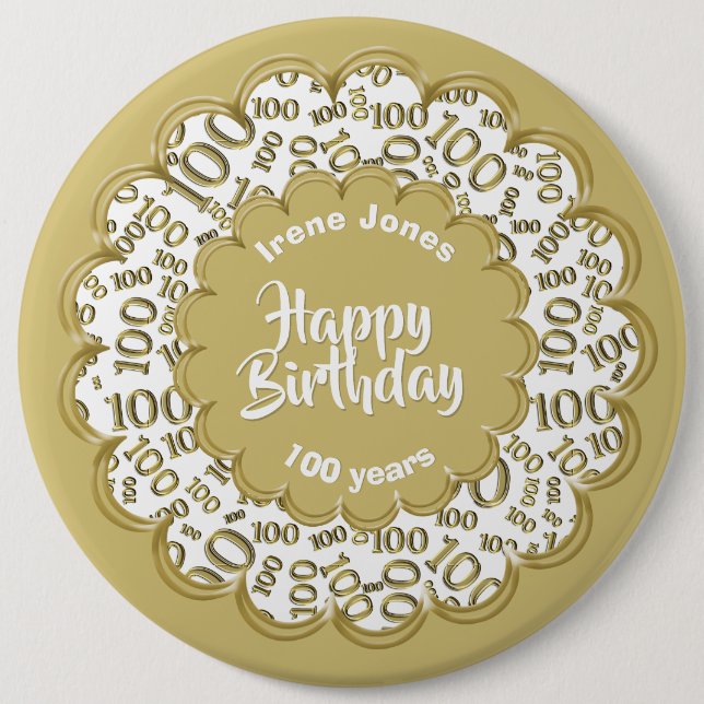 Happy Birthday, 100. Gold/White Number Pattern Button (Vorderseite)