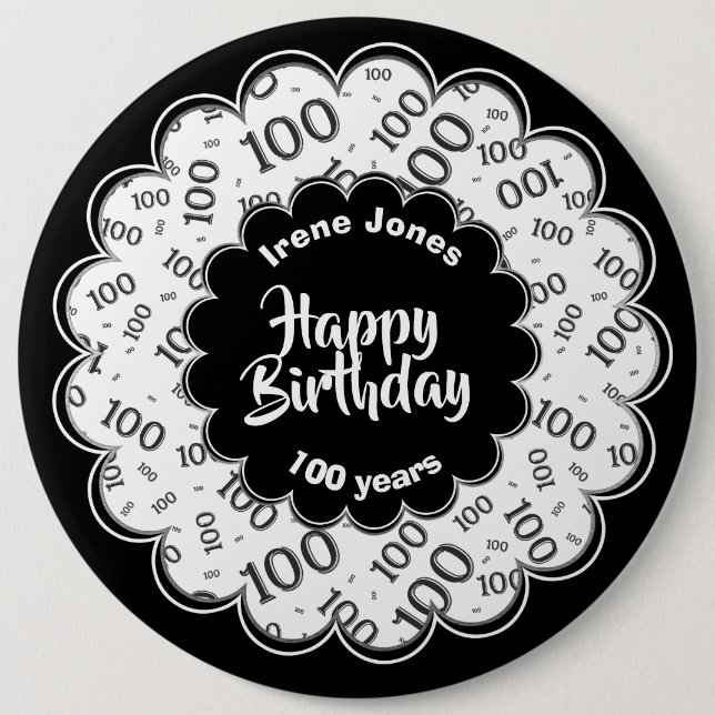 Happy Birthday, 100th Black/White Number Pattern Button (Vorderseite)