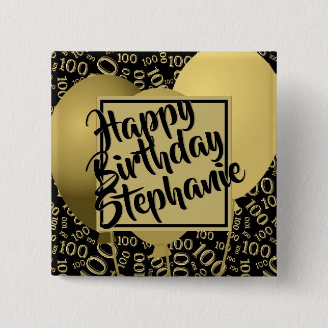 Happy Birthday - 100th Number Pattern Black/Gold Button (Vorderseite)