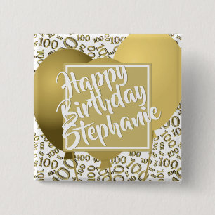 Happy Birthday - 100th Number Pattern White/Gold Button