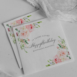 Happy Birthday 19 Years Loved Pink Floral Custom Serviette