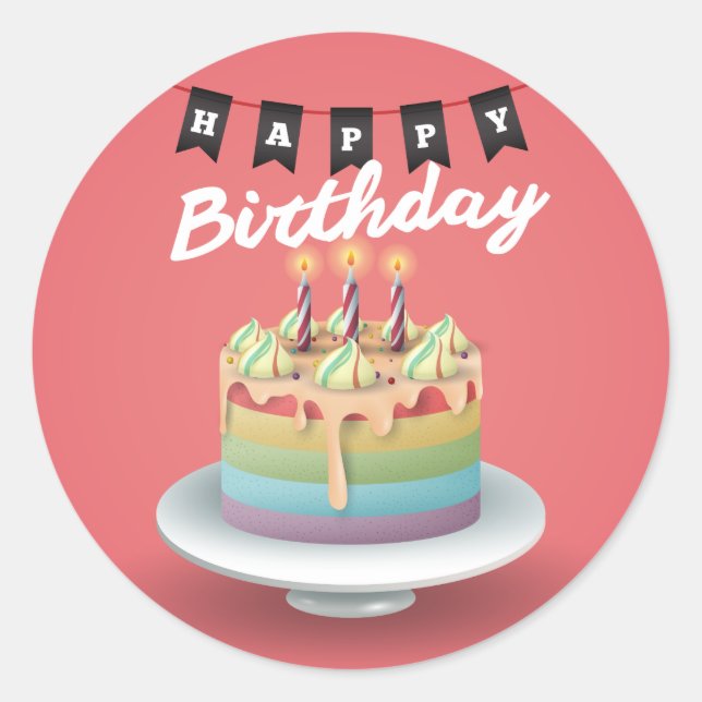 Happy Birthday 3D Kuchen schwarze Bundle Runder Aufkleber (Vorderseite)