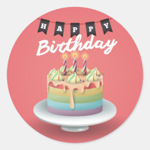 Happy Birthday 3D Kuchen schwarze Bundle Runder Aufkleber