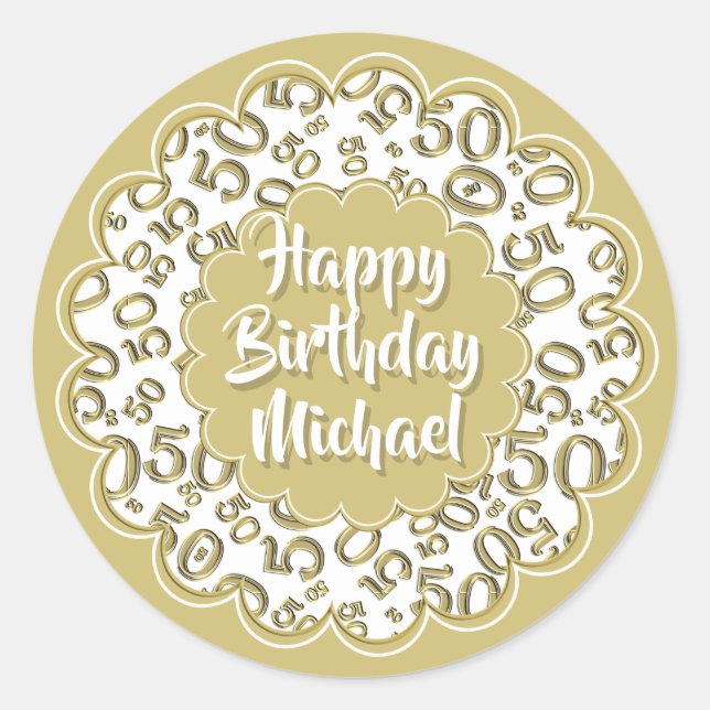 Happy Birthday 50. Cool Number Pattern Gold/Weiß Runder Aufkleber (Vorderseite)