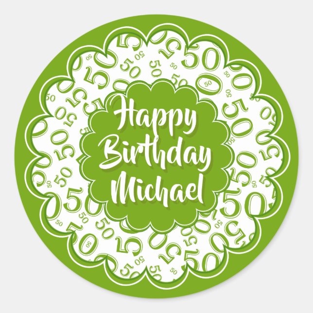 Happy Birthday 50. Nummer Muster Grün/Weiß Runder Aufkleber (Vorderseite)