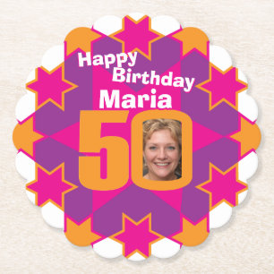 Happy birthday 50th name and photo paper coasters untersetzer
