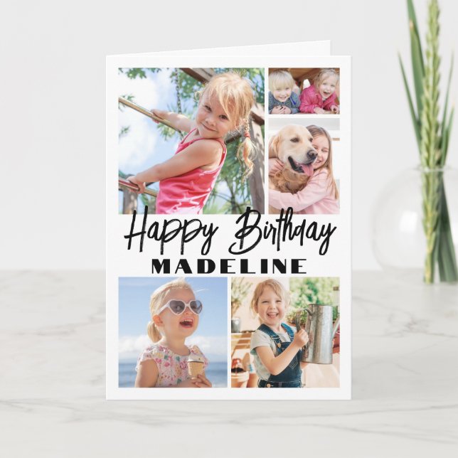 Happy Birthday 5 Foto Collage Elegant Minimalistis Karte (Vorderseite)