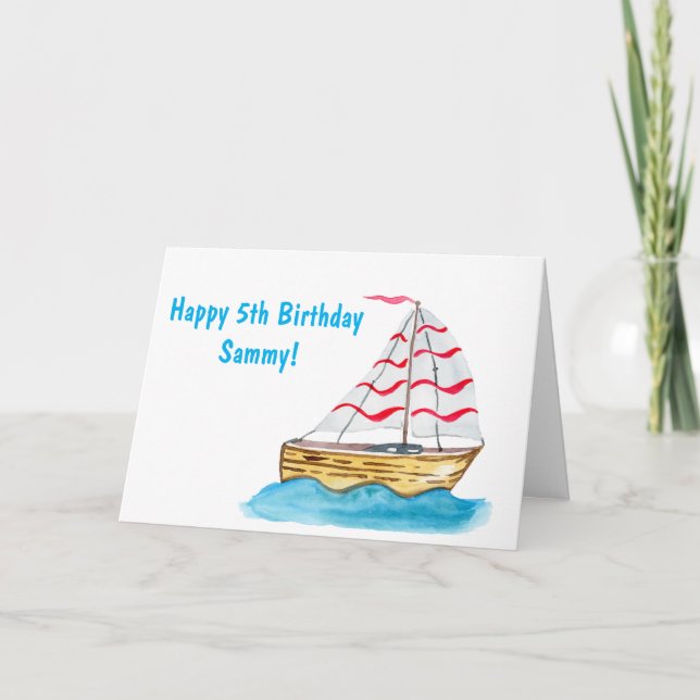 Happy Birthday 5th Watercolor Segelboot Karte (Vorderseite)